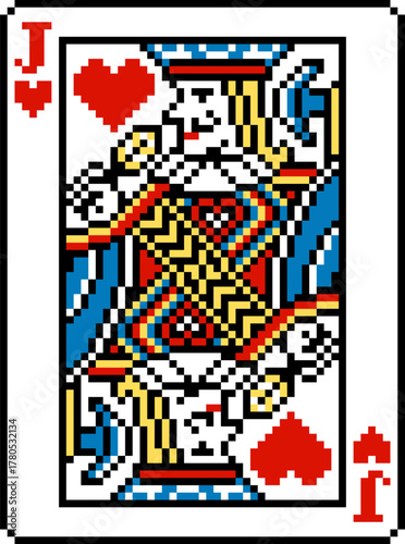 A pixel art playing cards deck design, jack of hearts. An original design, each card 55 squares wide by 74 tall.