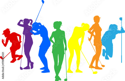 Silhouette golf player set. Active golfers golfing sports people healthy players fitness silhouettes concept.