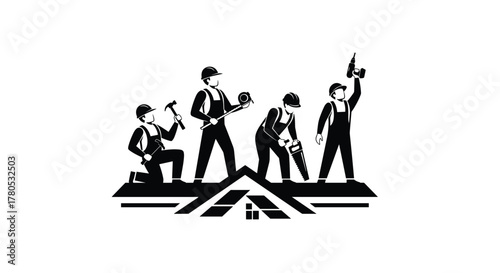 Skilled construction crew building and repairing roofs with tools, symbolizing teamwork and industry expertise