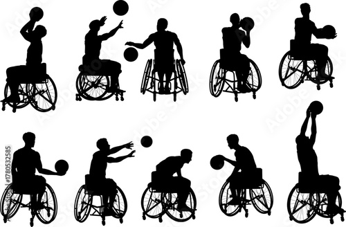Silhouettes of wheelchair basketball athletes in various game actions including shooting passing dribbling and ball handling for inclusive sports design