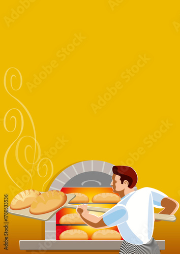 baker takes hot bread out of a stone oven