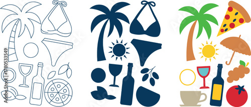 Summer Vacation Icons and Vector Illustration Collection with Food and Leisure Elements