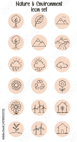A collection of nature and environment icons featuring trees, mountains, weather, flowers, recycling, windmills, and houses in a minimalist style.