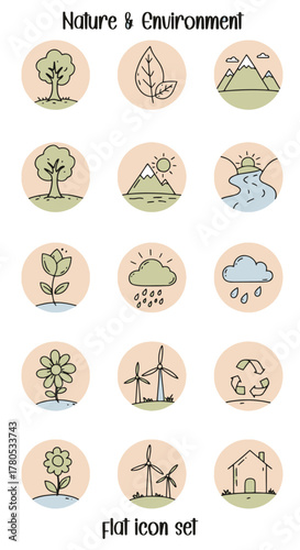 A collection of nature and environment themed flat icons, including trees, mountains, leaves, flowers, windmills, recycling, rain clouds, rivers, and a house.