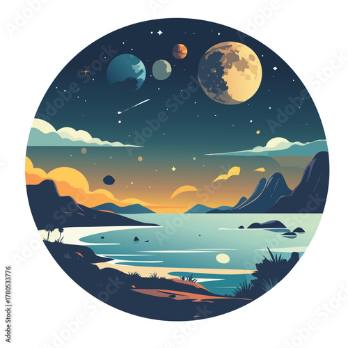 A beautiful celestial landscape with planets, moon, and stars over a tranquil bay at dusk.