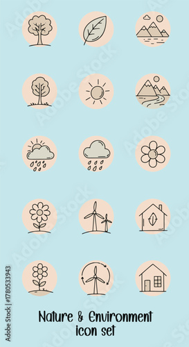 A collection of nature and environment icons featuring trees, leaves, mountains, sun, rain, flowers, windmills, and houses in a simple line art style.