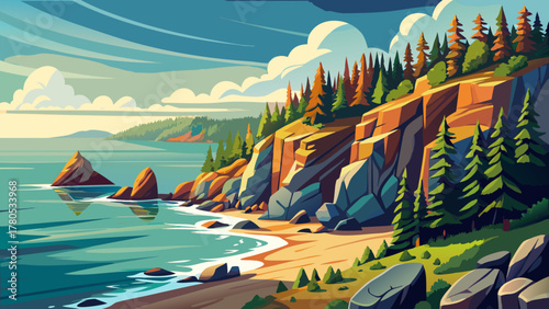 Very beautiful coastline of Acadia National Park along Park Loop Road, Maine, USA, featuring rugged cliffs, serene beaches, pine trees, and calm ocean waters in a realistic scenic landscape with warm 