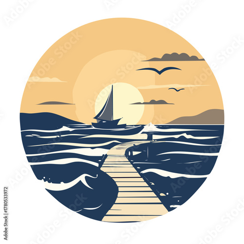 A stylized circular illustration of a sailboat on the ocean at sunset with a wooden pier in the foreground.