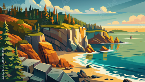 Very beautiful coastline of Acadia National Park along Park Loop Road, Maine, USA, featuring rugged cliffs, serene beaches, pine trees, and calm ocean waters in a realistic scenic landscape with warm 