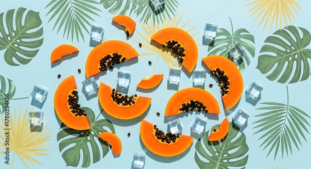 Obraz premium Sliced papaya and ice cubes on green tropical leaves