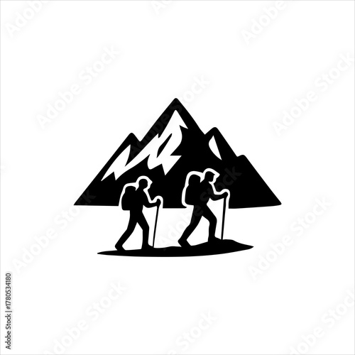 Silhouette hikers with mountain range A minimalist outdoor adventure logo. Mountain climbing vector icon. Black and white nature emblem illustration