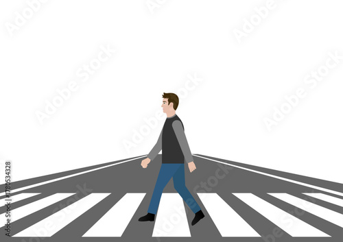 Man Walking across Crosswalk in the City. Crosswalk. Pedestrian Crossing Road. Zebra Crossing. Vector Illustration. 