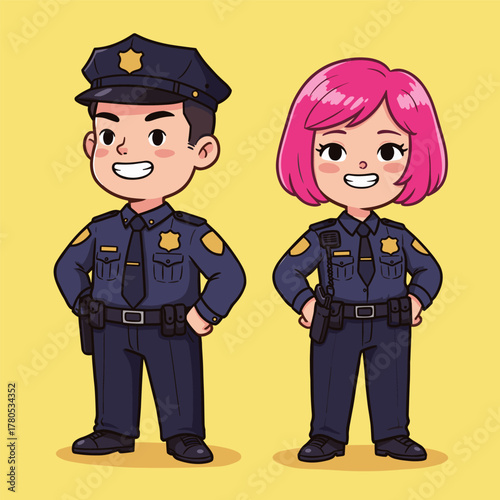 Cute cartoon police officers (male and female) standing proudly in uniform on a yellow background.