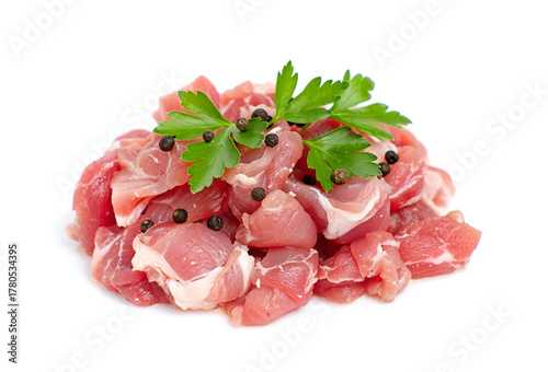 Pile of cubes, raw meat isolated on white background