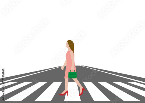 Woman Walking across Crosswalk in the City. Crosswalk. Pedestrian Crossing Road. Zebra Crossing. Vector Illustration. 