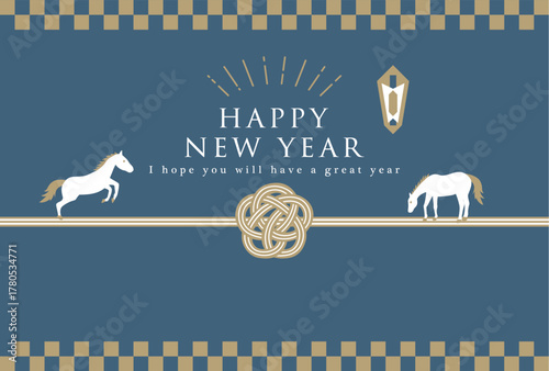 2026年午年　梅結びの水引　白馬の年賀状テンプレート