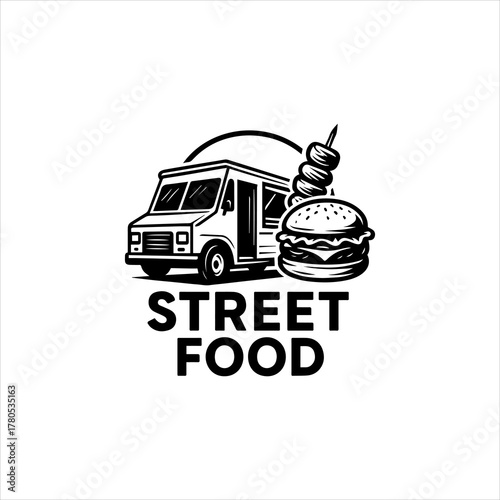 Dynamic Street Food Truck with Burger and Skewer Vector Logo Illustration, Perfect for Mobile Catering Business Branding, Offering Delicious Fast Casual Cuisine