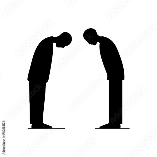 Two people bowing to each other in greeting, representing respect, politeness, and cultural etiquette.
