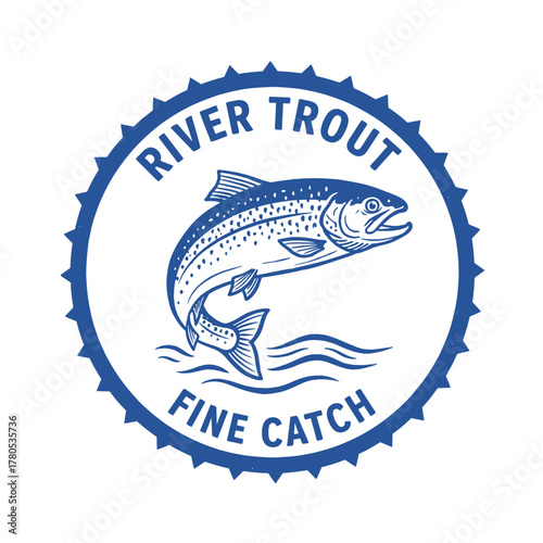 River Trout Vintage Badge. Engraved Fishing Emblem. Retro Fine Catch Logo. Jumping Trout Graphic. Classic Sports Label