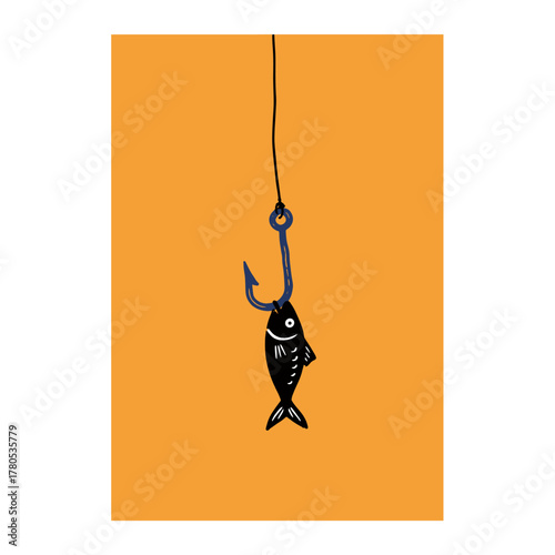 Fish on the hook illustration. Fishing lure graphic design. Minimal bait concept art. Hand-drawn fish catching bait. Simple angling poster