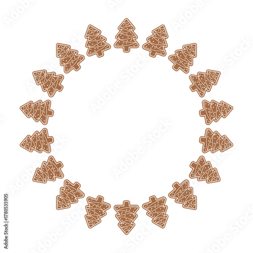 Circular arrangement of gingerbread cookies shaped like Christmas trees with white icing. Festive wreath vector design ideal for seasonal decor, packaging, Christmas illustrations