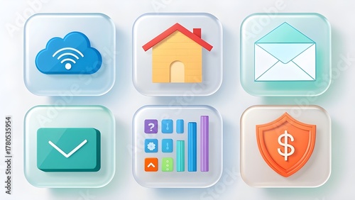 Modern 3D Illustration of Technology Icons Including Cloud Connectivity, Smart Home, Email, Data Interface and Financial Security on Soft Glass UI Panels Free Download Modern 3D Illustration of Technology Icons Including Cloud Connectivity, Smart Home, Email, Data Interface and Financial Security on Soft Glass UI Panels - GFXLoad