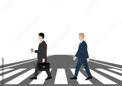 Businessman Walking across Crosswalk in the City. Crosswalk. Pedestrian Crossing Road. Zebra Crossing. Vector Illustration. 