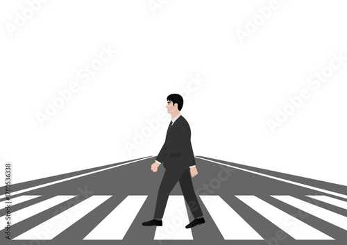 Businessman Walking across Crosswalk in the City. Crosswalk. Pedestrian Crossing Road. Zebra Crossing. Vector Illustration. 