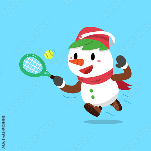 Cartoon character christmas snowman playing tennis