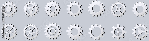Gear wheel and cogwheel set in metallic style. Perfect for machinery, technology, industrial, and engineering design. Ideal for automation, mechanical system. gearwheel, cogwheel, setting,  vector