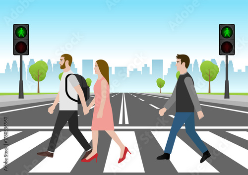 People Walking across Crosswalk in the City. Crosswalk. Pedestrian Crossing Road. Zebra Crossing. Vector Illustration. 