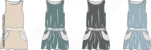 Four different colored loose-fitting women's dresses with decorative trim and pockets displayed side-by-side