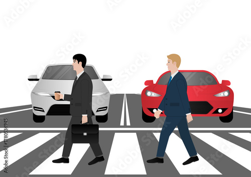 Businessman Walking across Crosswalk in the City. Crosswalk. Pedestrian Crossing Road. Zebra Crossing. Vector Illustration. 
