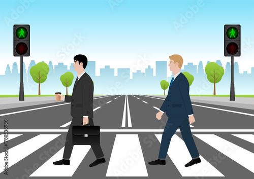 Businessman Walking across Crosswalk in the City. Crosswalk. Pedestrian Crossing Road. Zebra Crossing. Vector Illustration. 