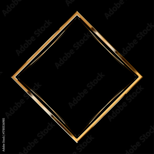 A gold diamond-shaped frame isolated on a black background. Space for an image, painting, postcard, or photograph. A simple gold jewelry mockup.