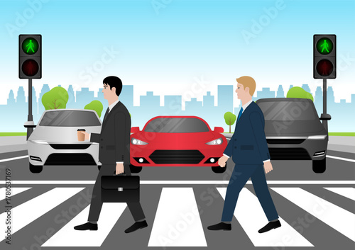 Businessman Walking across Crosswalk in the City. Crosswalk. Pedestrian Crossing Road. Zebra Crossing. Vector Illustration. 