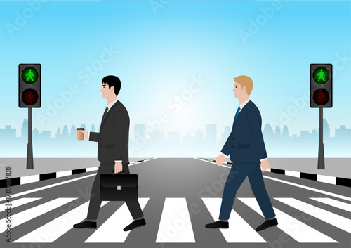Businessman Walking across Crosswalk in the City. Crosswalk. Pedestrian Crossing Road. Zebra Crossing. Vector Illustration. 