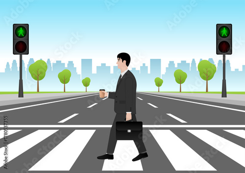 Businessman Walking across Crosswalk in the City. Crosswalk. Pedestrian Crossing Road. Zebra Crossing. Vector Illustration. 