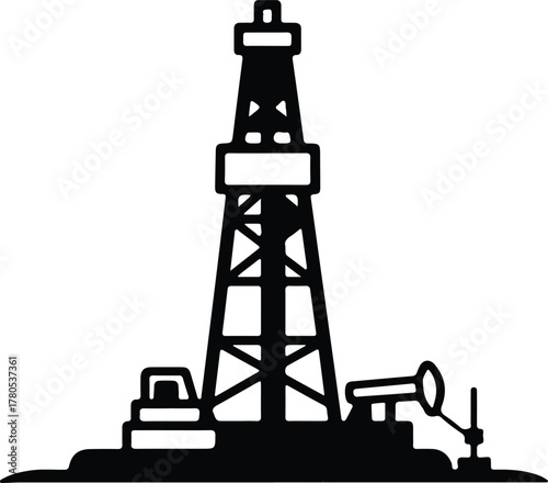 Silhouette vector oil derrick and pumpjack black and white Illustrator