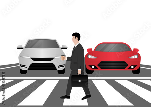 Businessman Walking across Crosswalk in the City. Crosswalk. Pedestrian Crossing Road. Zebra Crossing. Vector Illustration. 
