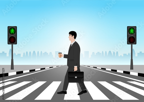Businessman Walking across Crosswalk in the City. Crosswalk. Pedestrian Crossing Road. Zebra Crossing. Vector Illustration. 
