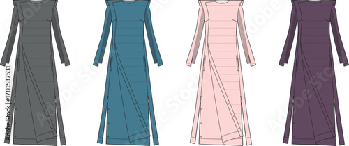 Fashion design technical flat sketch of a women's long sleeve maxi dress with a high buttoned side slit, presented in a set of four color options for apparel design