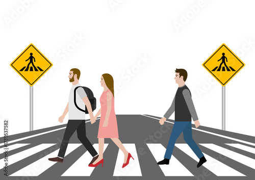 People Walking across Crosswalk in the City. Crosswalk. Pedestrian Crossing Road. Zebra Crossing. Vector Illustration. 