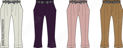 Four pairs of elegant trousers in different colors, each featuring a decorative bow at the waist