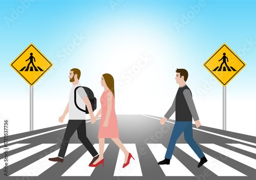 People Walking across Crosswalk in the City. Crosswalk. Pedestrian Crossing Road. Zebra Crossing. Vector Illustration. 
