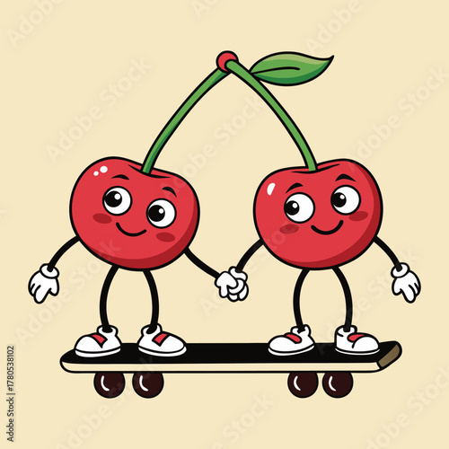 a pair of cheerful cherry characters connected