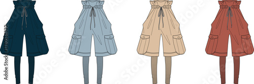 Collection of stylish high-waisted capri pants with corset lacing and cargo pockets, a unique women's fashion garment concept