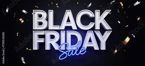 Black Friday sale poster with metallic silver and blue typography on dark festive background