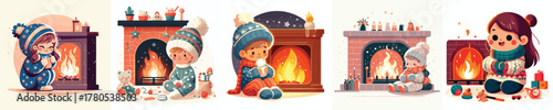 children warming himself by the fireplace