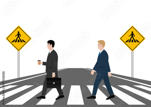 Businessman Walking across Crosswalk in the City. Crosswalk. Pedestrian Crossing Road. Zebra Crossing. Vector Illustration. 